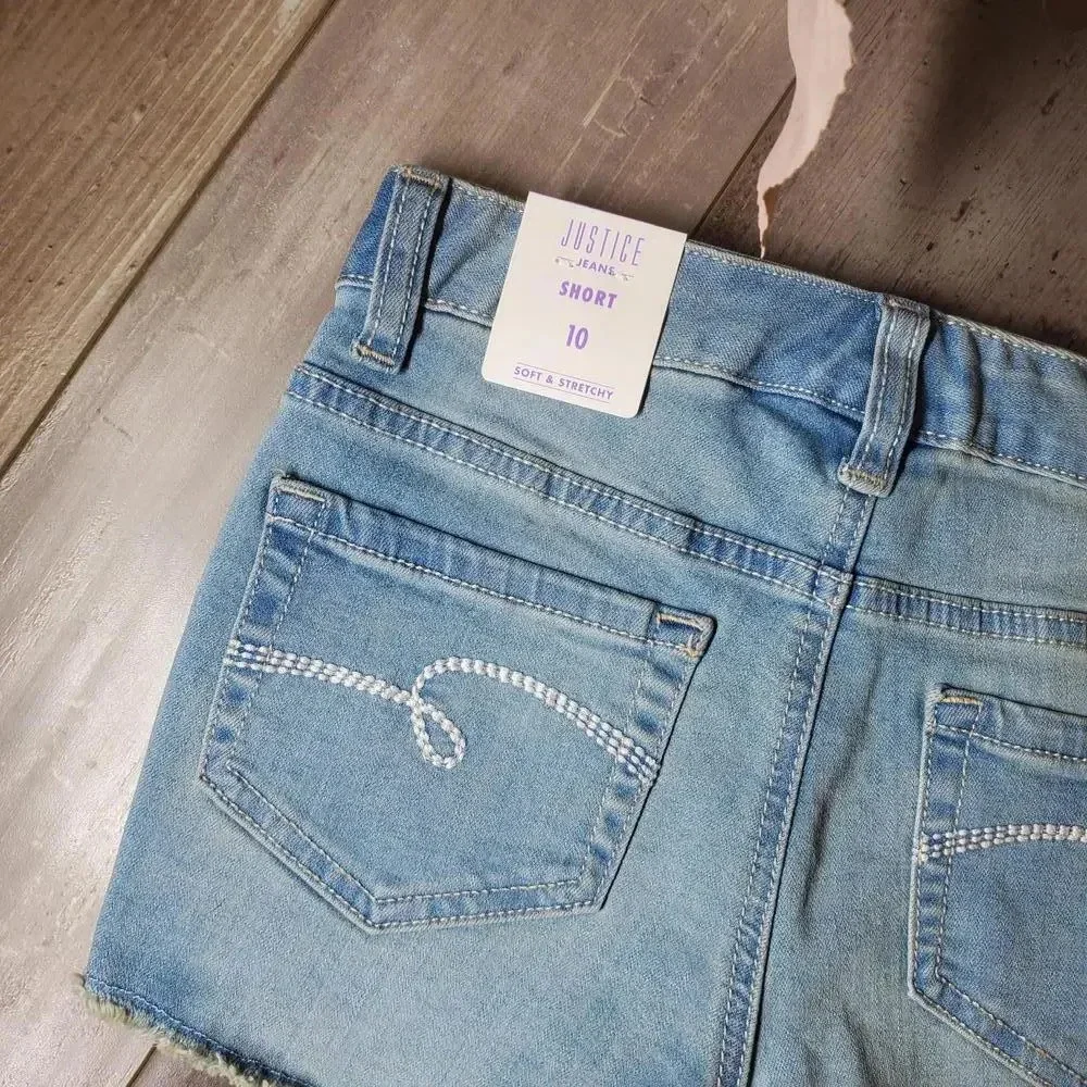 NWT Justice Girls Raw Hem Distressed Denim Shorts Size 10 Light Wash